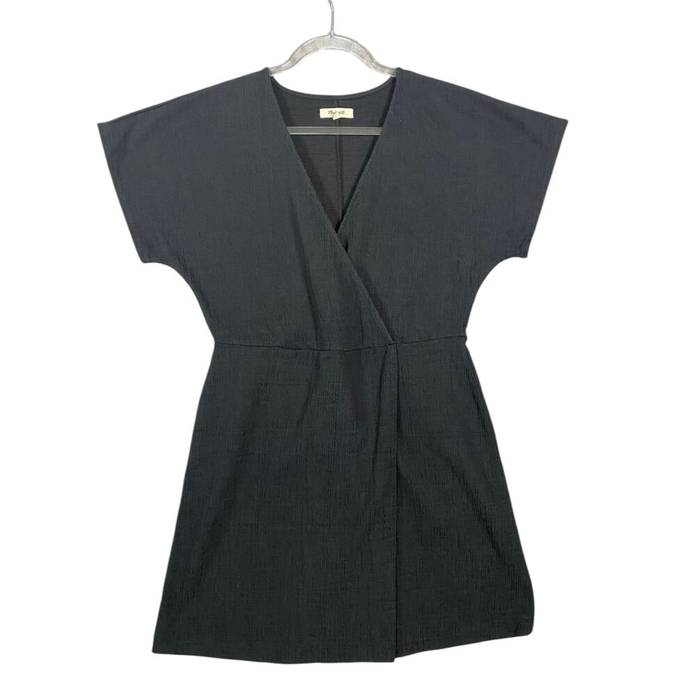 Madewell Faux Wrap Abstract Pattern Cross Front Flutter Sleeve Mini Dress Black